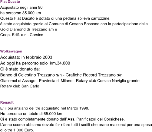 Fiat Ducato  Acquistato negli anni 90 ha percorso 85.000 km Questo Fiat Ducato  dotato di una pedana solleva carrozzine.  stato acquistato grazie al Comune di Cesano Boscone con la partecipazione della Gold Diamond di Trezzano s/n e  Coop. Edif. a.r.l. Corsico   Wolkswagen Acquistato in febbraio 2003 Ad oggi ha percorso solo  km.34.000 Ci  stato donato da: Banco di Celestino Trezzano s/n - Grafiche Record Trezzano s/n Giacomel di Assago - Provincia di Milano - Rotary club Corsico Naviglio grande Rotary club San Carlo    Renault  E il pi anziano dei tre acquistato nel Marzo 1998. Ha percorso un totale di 65.000 km Ci  stato completamente donato dall Ass. Panificatori del Corsichese. Lanno scorso abbiamo dovuto far rifare tutti i sedili che erano malconci per una spesa di oltre 1,000 Euro.